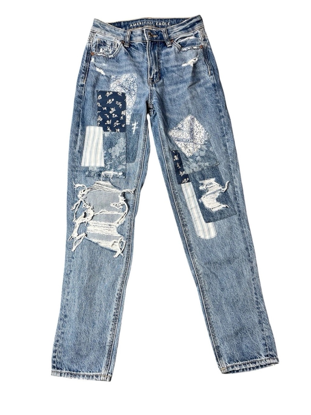 American Eagle Womens Mom Straight Jean Distressed Floral Patchwork Size 000